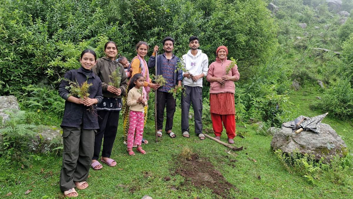 A family holding saplings ready for planting in a mountain landscape